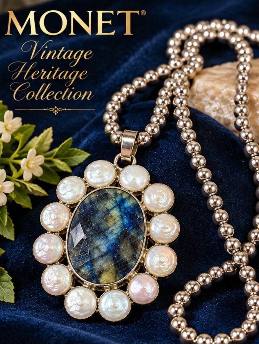 Vintage MONET Labradorite Baroque Pearl Statement Necklace 30" Silver Tone